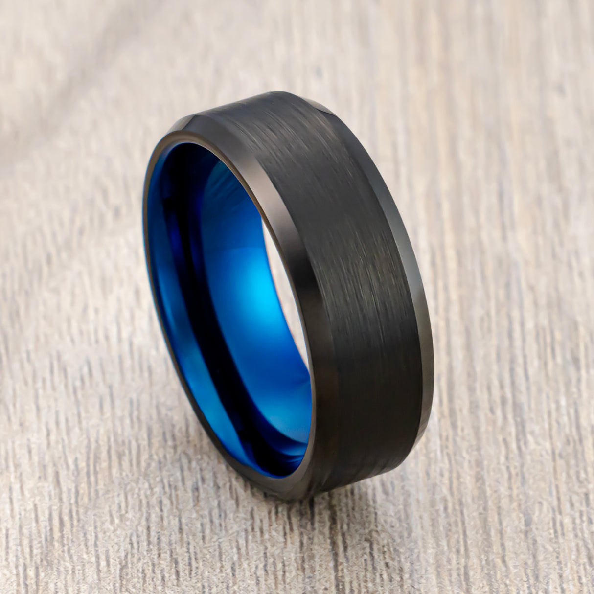 8mm - Black & Blue Tungsten Carbide Ring, Brushed Finished, Beveled Edges