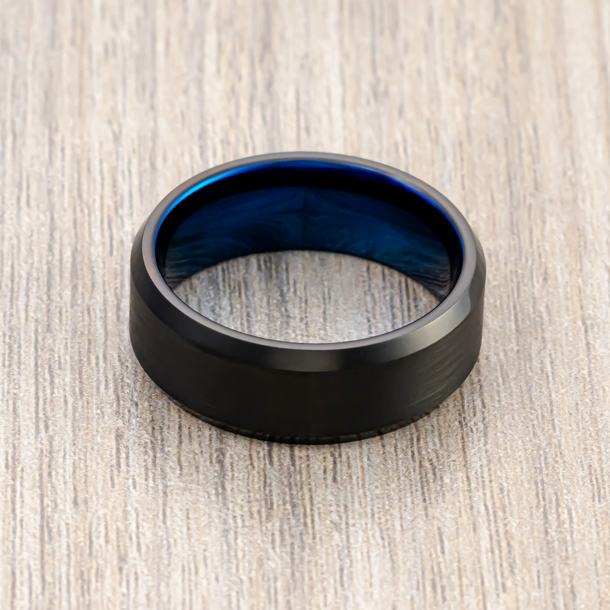 8mm - Black & Blue Tungsten Carbide Ring, Brushed Finished, Beveled Edges