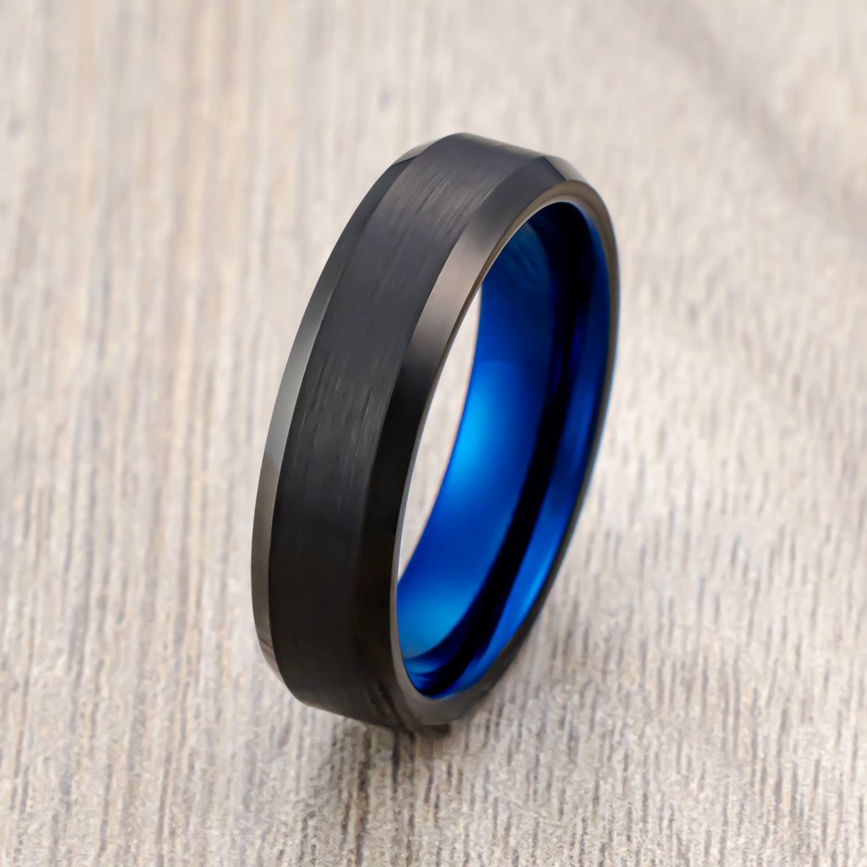 6mm - Black & Blue Tungsten Carbide Ring, Brushed Finished, Beveled Edges