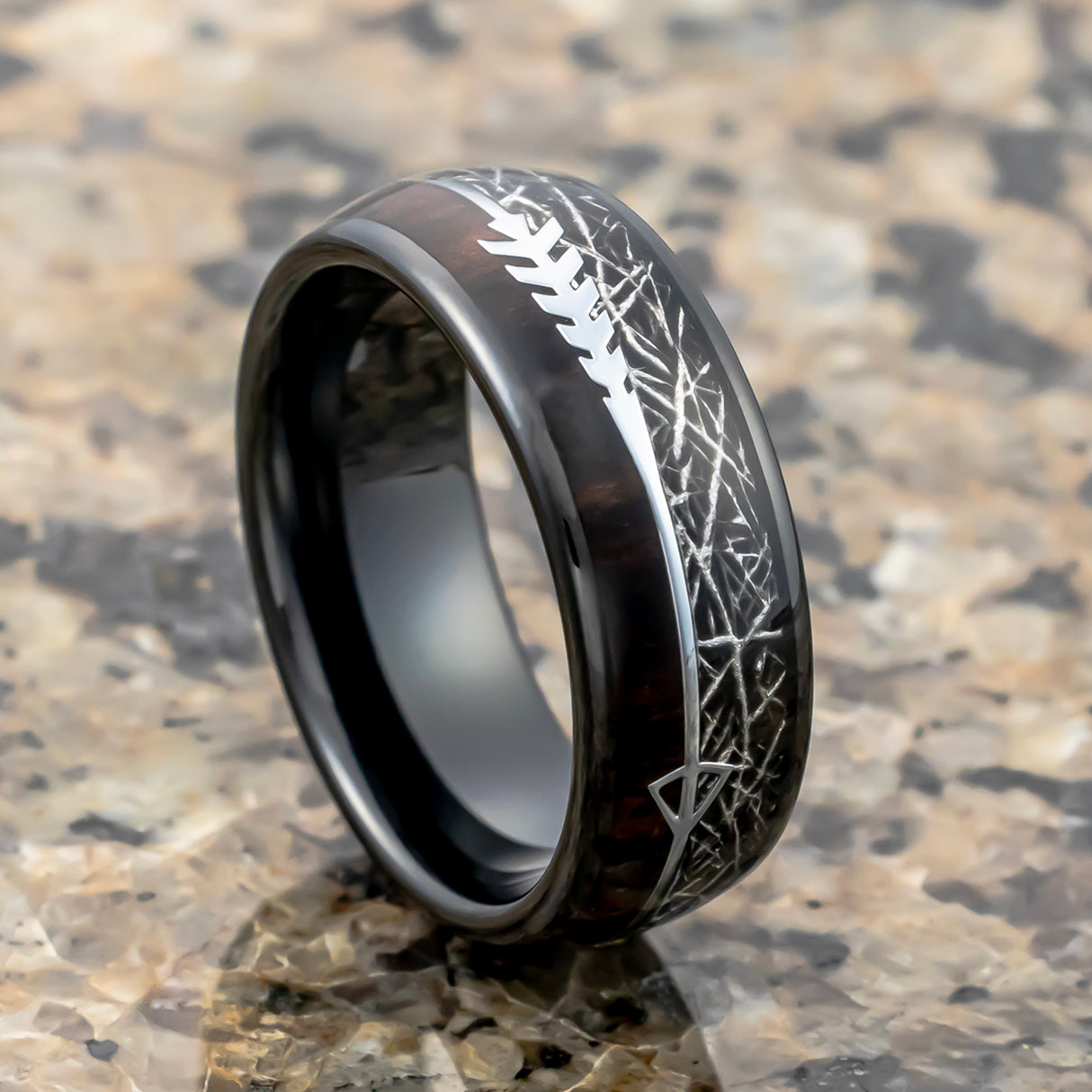 8mm Black Tungsten Carbide Arrow Ring W/ Meteorite & KOA Wood Inlay