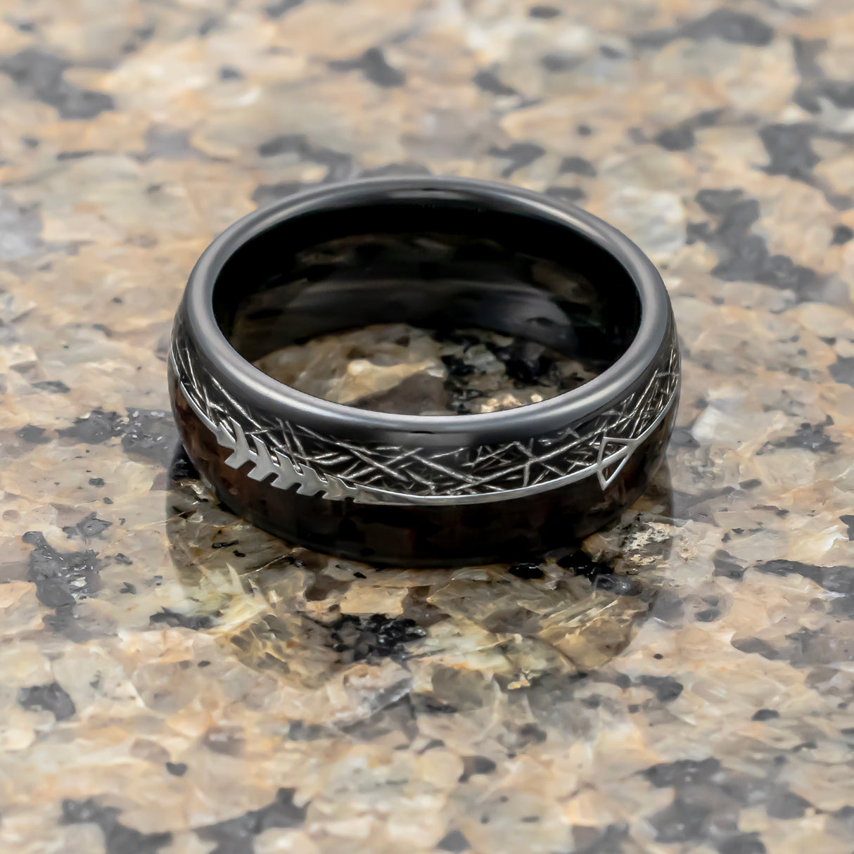 8mm Black Tungsten Carbide Arrow Ring W/ Meteorite & KOA Wood Inlay
