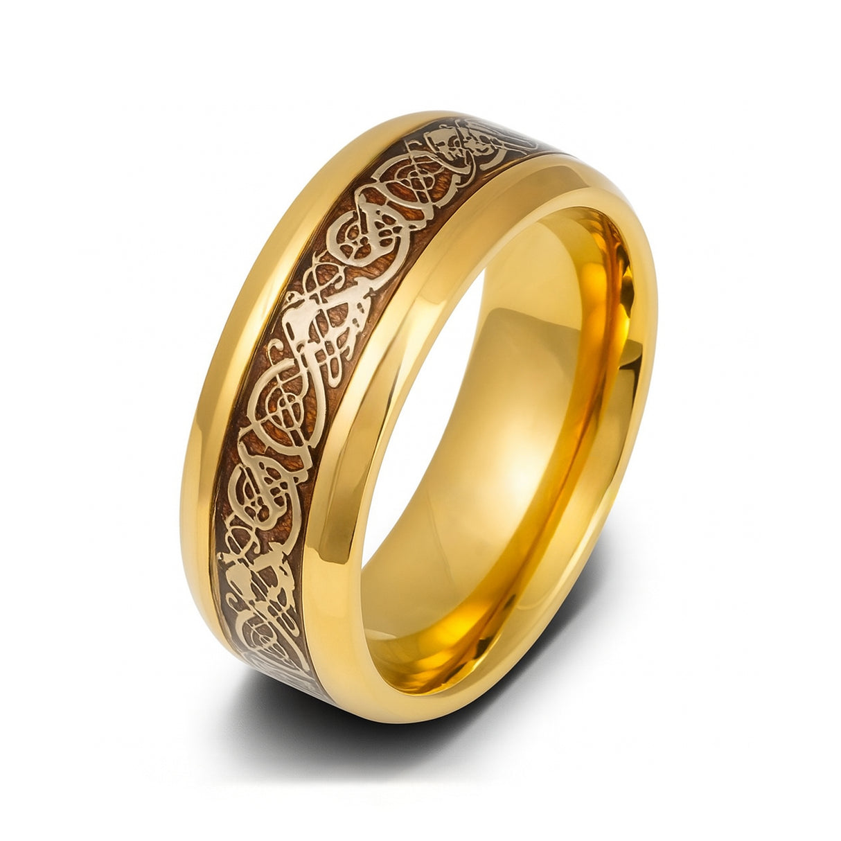 Yellow Gold Titanium Ring with Gold Celtic Design Over Rosewood Inlay – 9mm