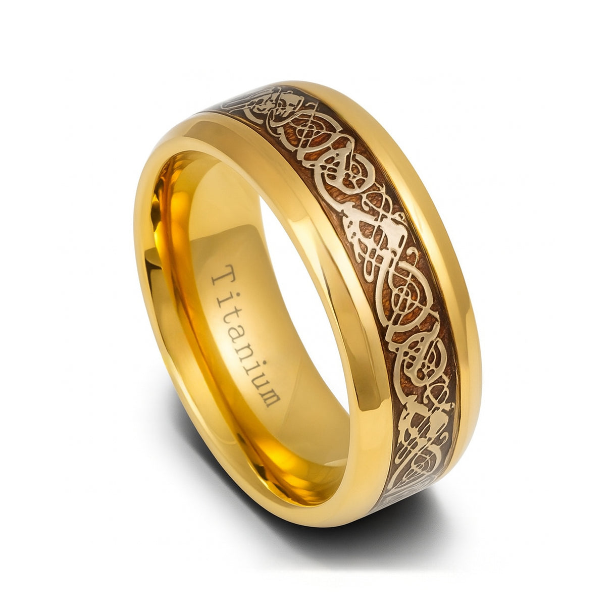 Yellow Gold Titanium Ring with Gold Celtic Design Over Rosewood Inlay – 9mm