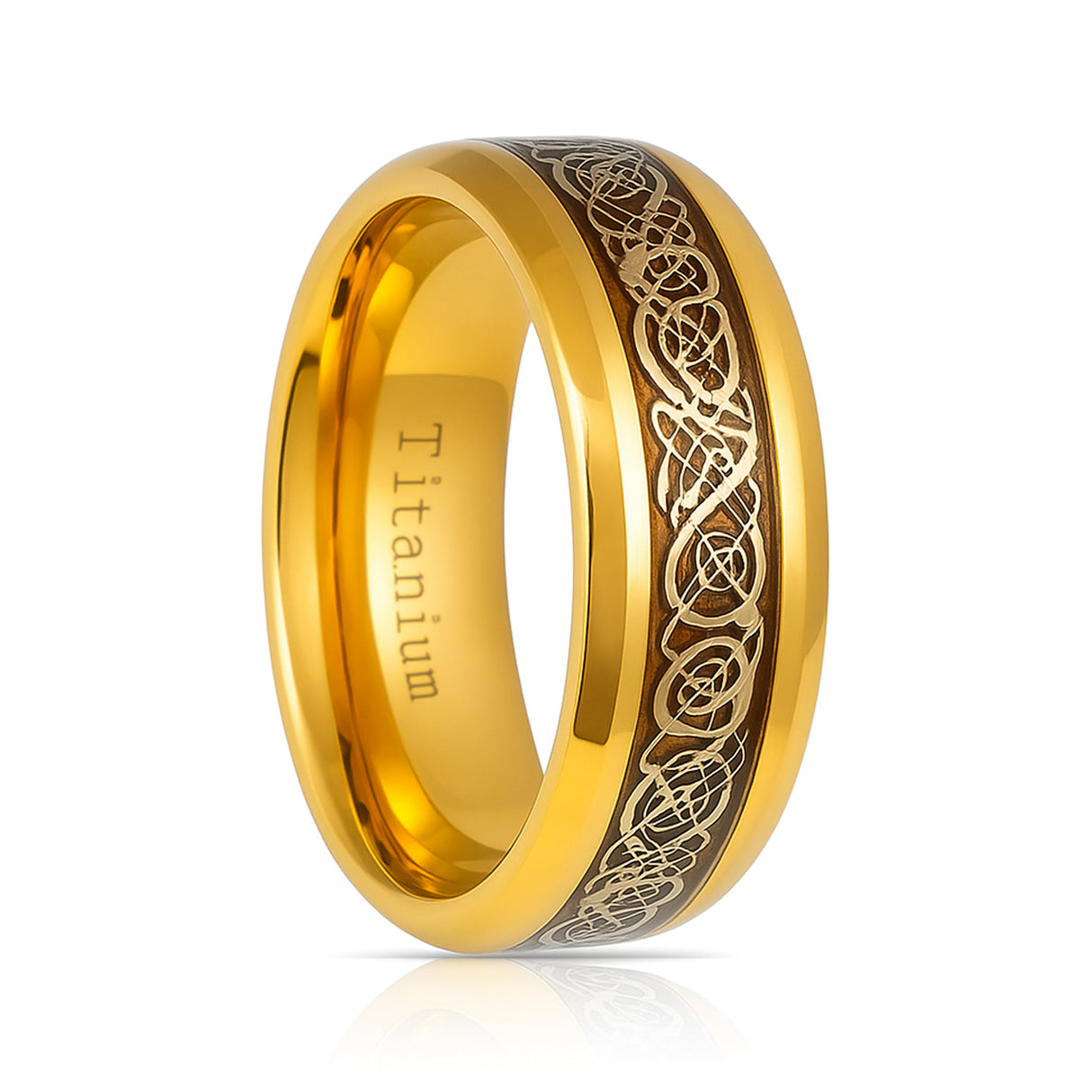 Yellow Gold Titanium Ring with Gold Celtic Design Over Rosewood Inlay – 9mm