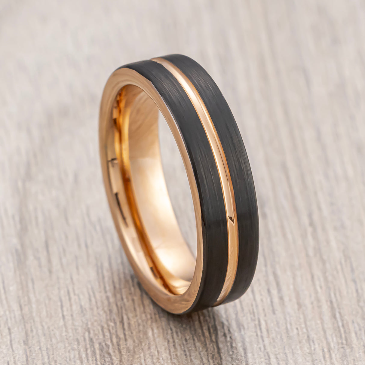 6mm Black & Rose Gold Tungsten Wedding Band Brushed Finish Center Groove