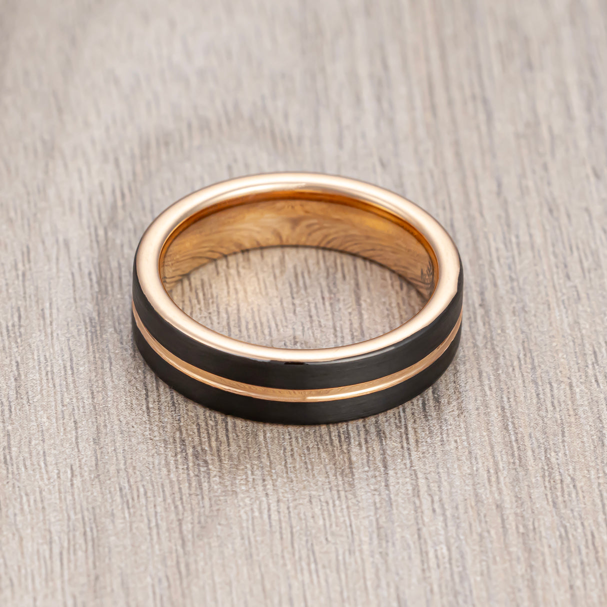 6mm Black & Rose Gold Tungsten Wedding Band Brushed Finish Center Groove