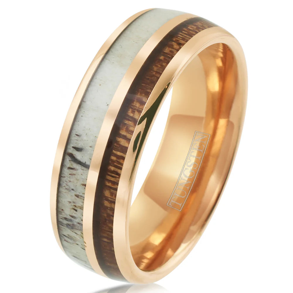 6mm Rose Gold Tungsten Ring W/ Deer Antler & Koa Wood Inlay
