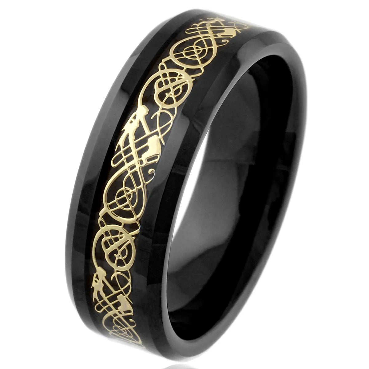 8mm Polished Black Tungsten Ring W/ Gold Celtic Dragon & Black Faux Carbon Fiber Inlay