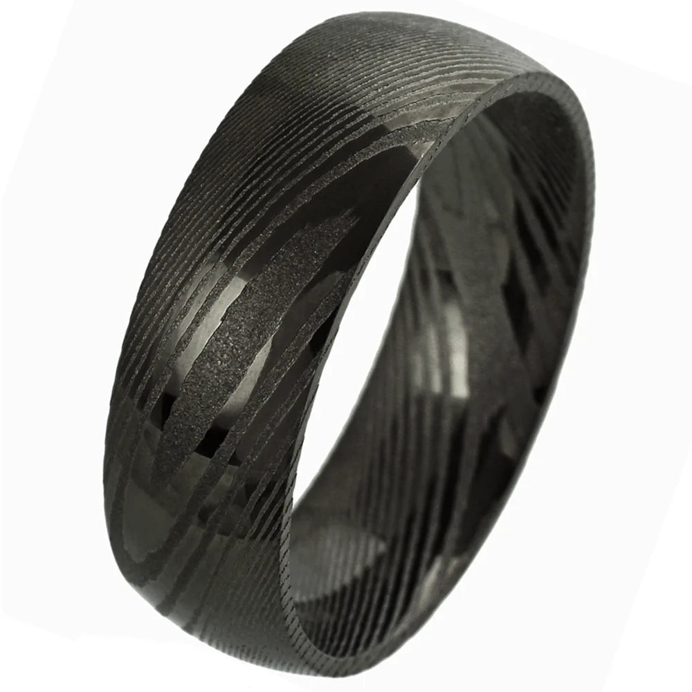 8mm Black Domed Damascus Steel Ring W/ Wood Grain Pattern