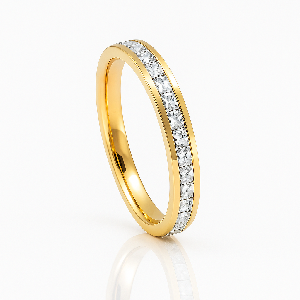 Gold Titanium Ring Eternity Princess Cut Cubic Zircon Diamonds 4mm