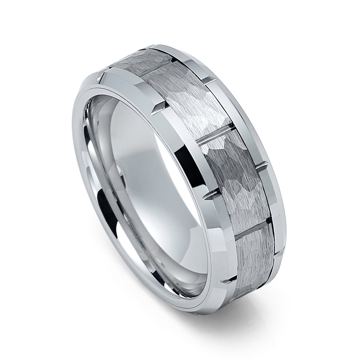 8mm Silver Tungsten Ring Brick Pattern W/ hammered Center