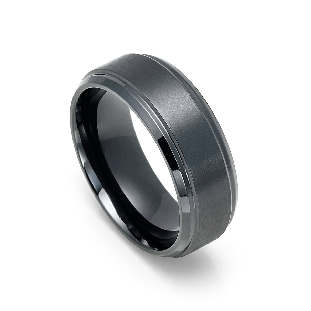 Gunmetal Zirconium Wedding Band W/ Stepped Edges -8mm