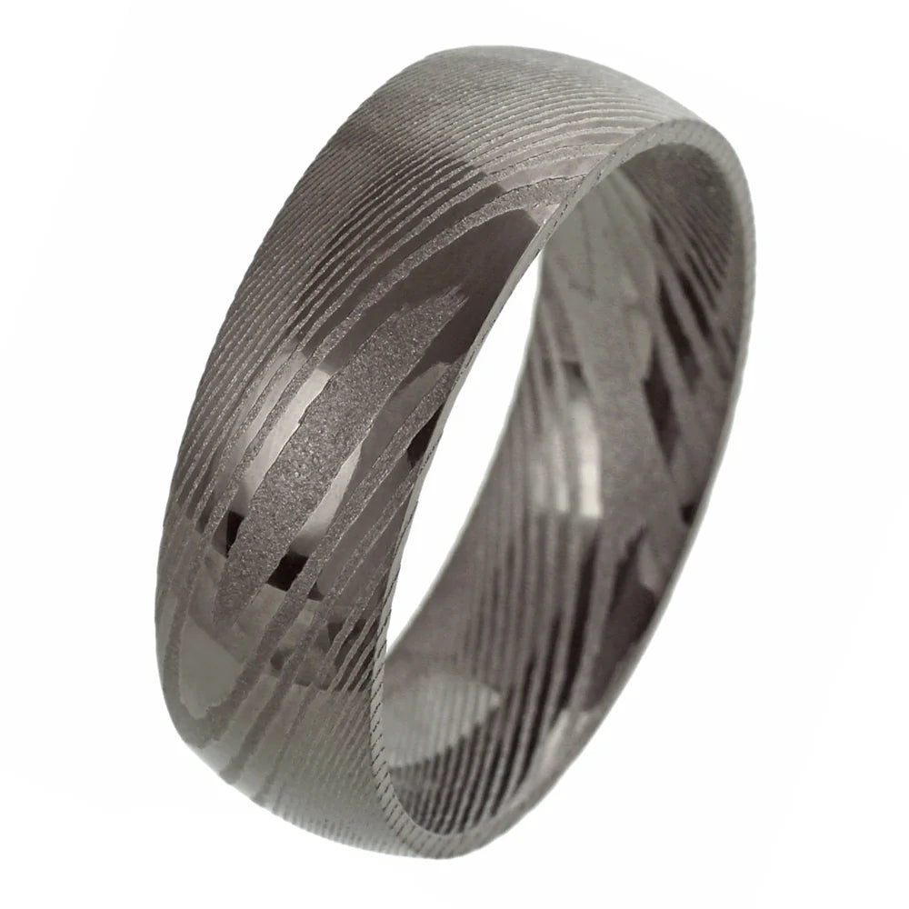 8mm Gunmetal Domed Damascus Steel Ring W/ Wood Grain Pattern