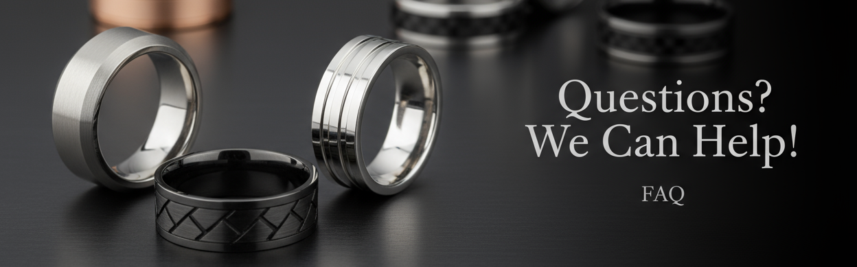 i need a banner with mens rings saying Questions? we Can Help! make it modern and elagent