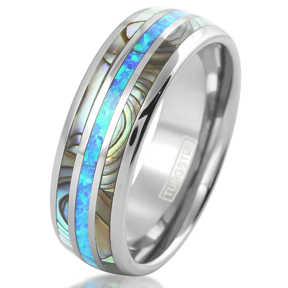 6mm Polished Silver Tungsten Ring W/ Hawaii Opal & Double Abalone Inlay