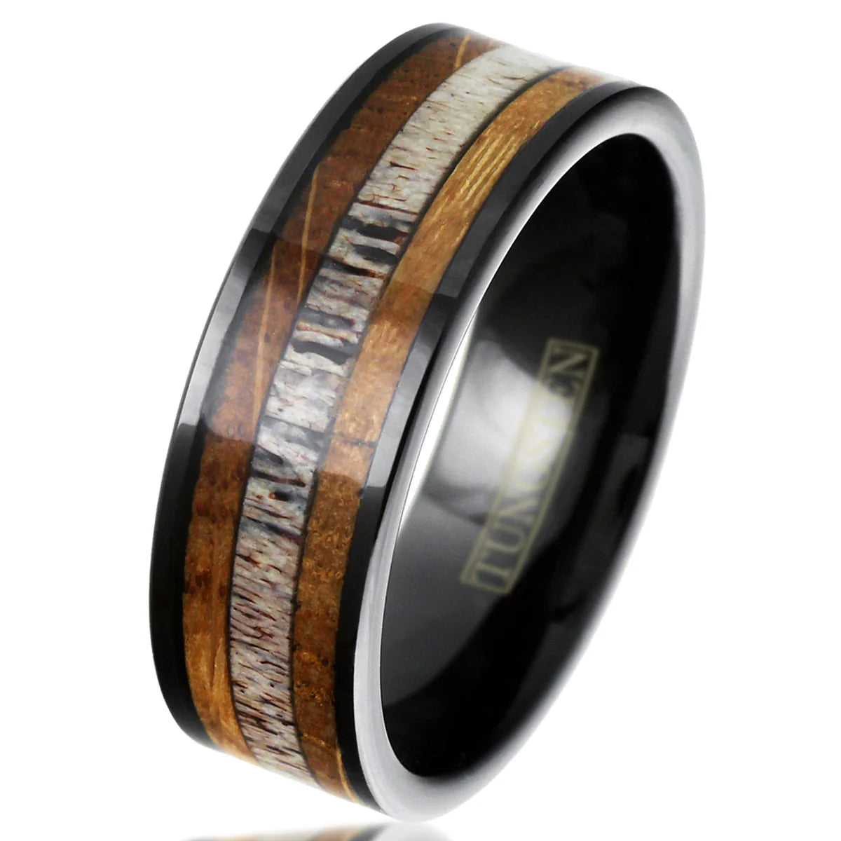8mm Polished Black Tungsten Ring W/ Deer Antler & Double Whiskey Barrel Oak Wood Inlay