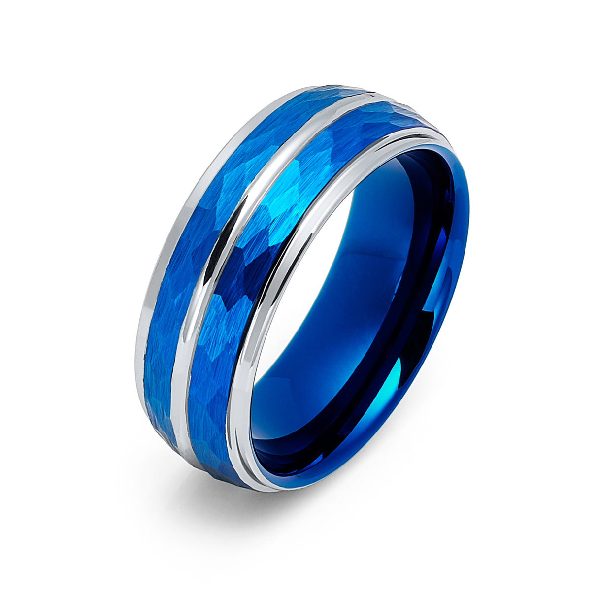 8mm Blue Hammered Tungsten Carbide Wedding Ring Polished Stepped Edges