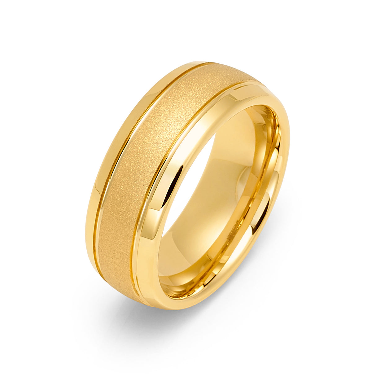 8mm Gold Tungsten Wedding Band Sandblasted Center With Double Groove Ring