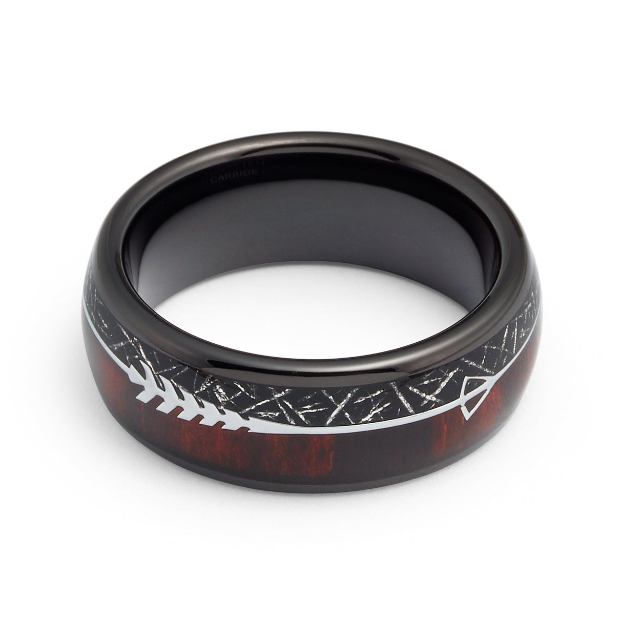 8mm Black Tungsten Carbide Arrow Ring W/ Meteorite & KOA Wood Inlay