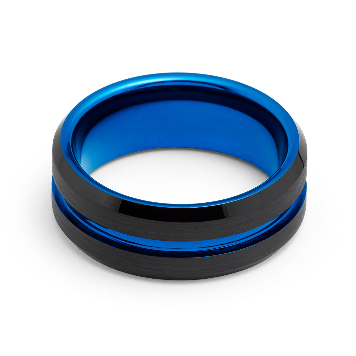 8mm Black & Blue Tungsten Carbide Ring Center Groove Brushed Finished