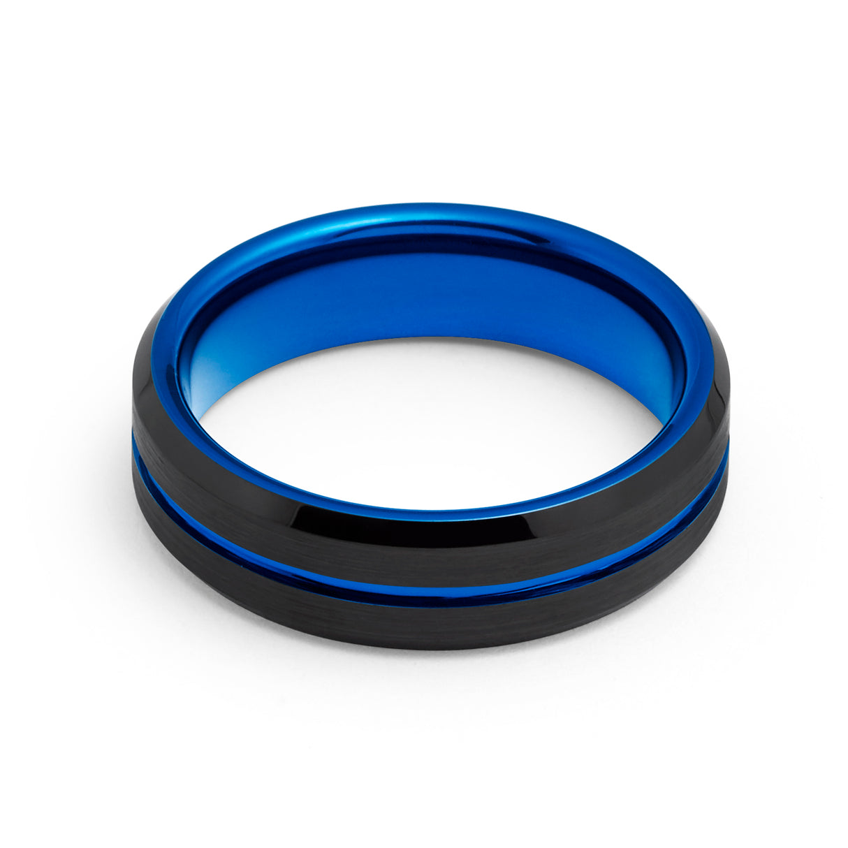 6mm Black & Blue Tungsten Carbide Ring Center Groove Brushed Finished
