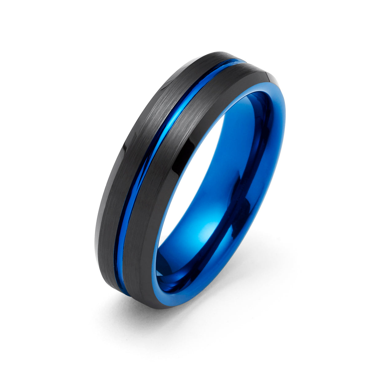 6mm Black & Blue Tungsten Carbide Ring Center Groove Brushed Finished