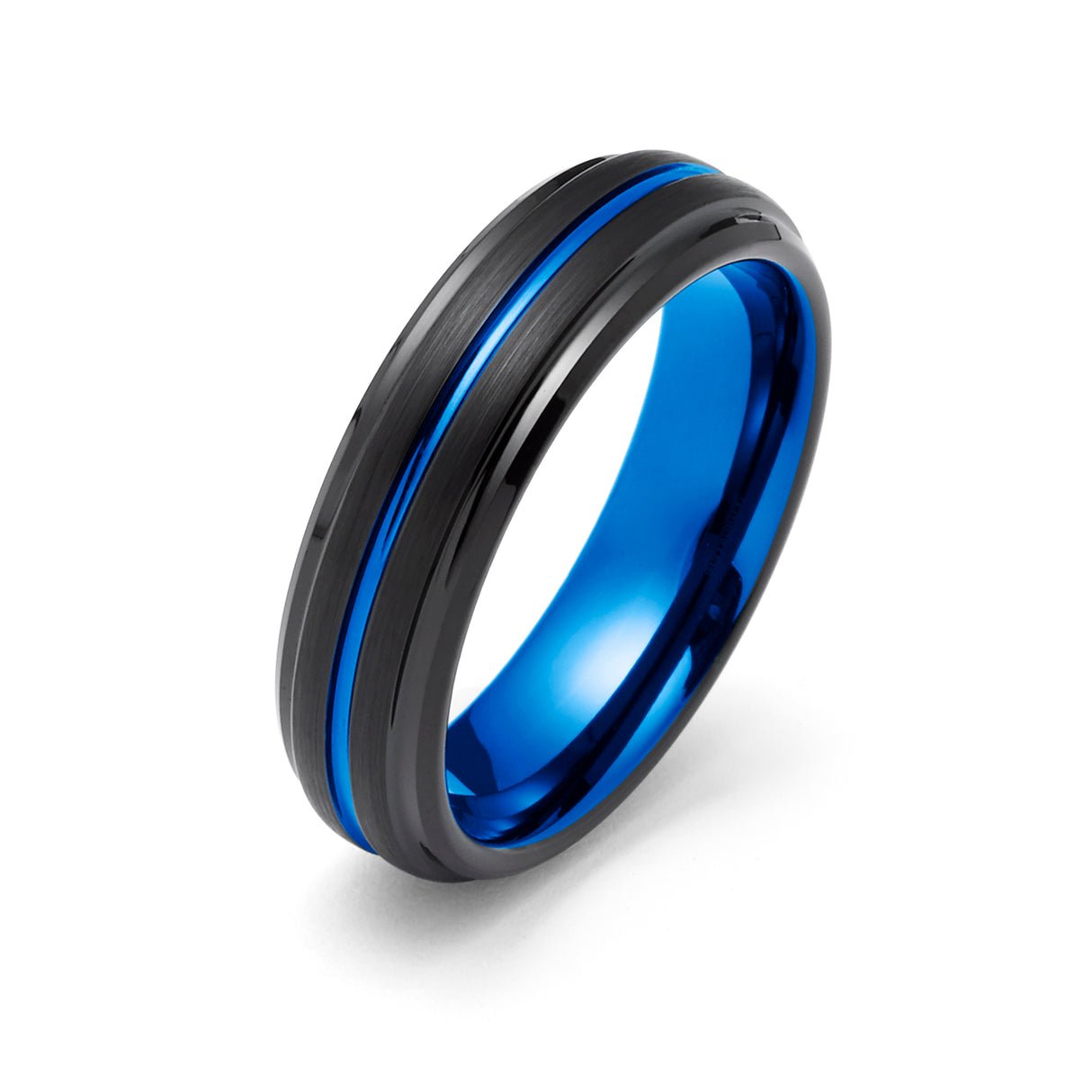 6mm Black & Blue Tungsten Ring Center Groove Brushed Finished Stepped Edges