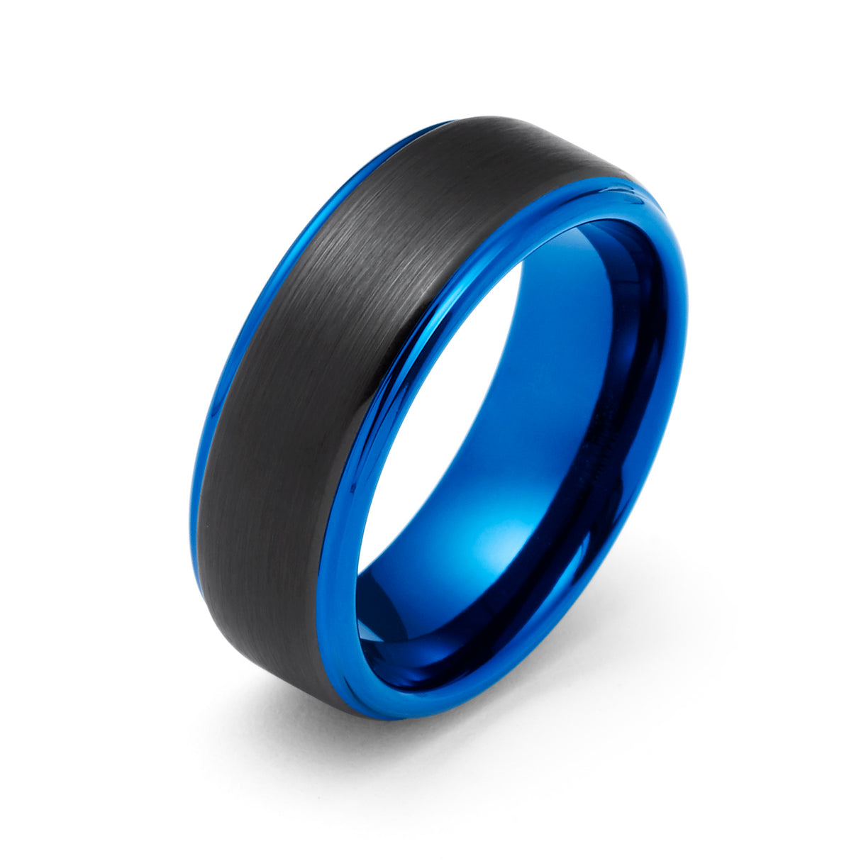 8mm Black & Blue Tungsten Ring Black Brushed Finished Stepped Edges