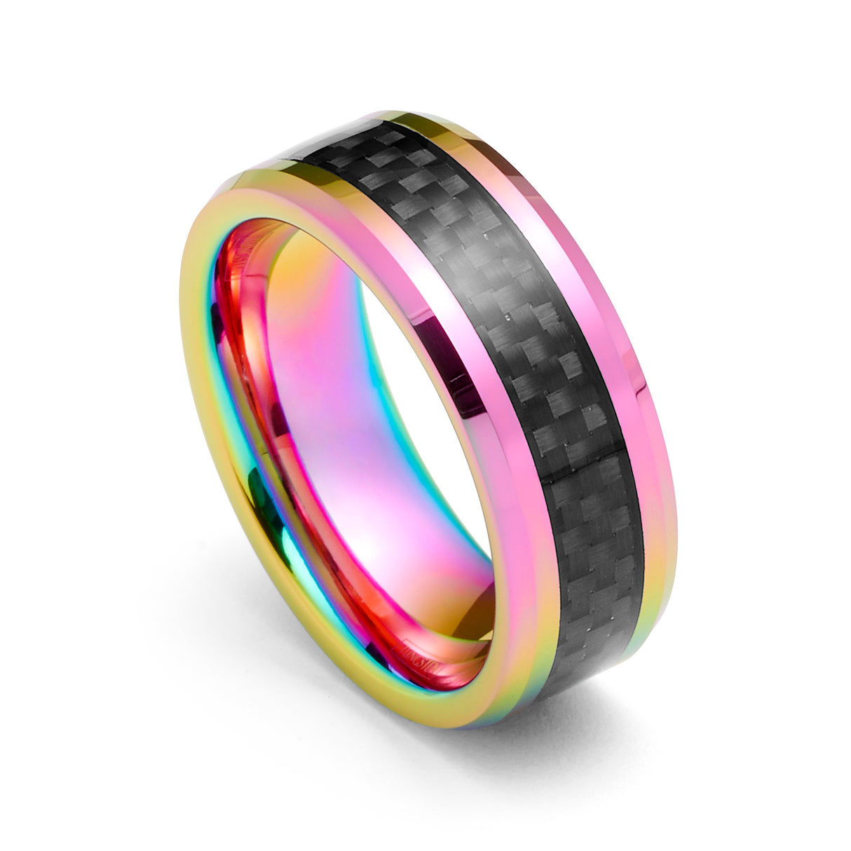8mm Tungsten Carbide Ring Rainbow Finish w/ Black Carbon Fiber Inlay