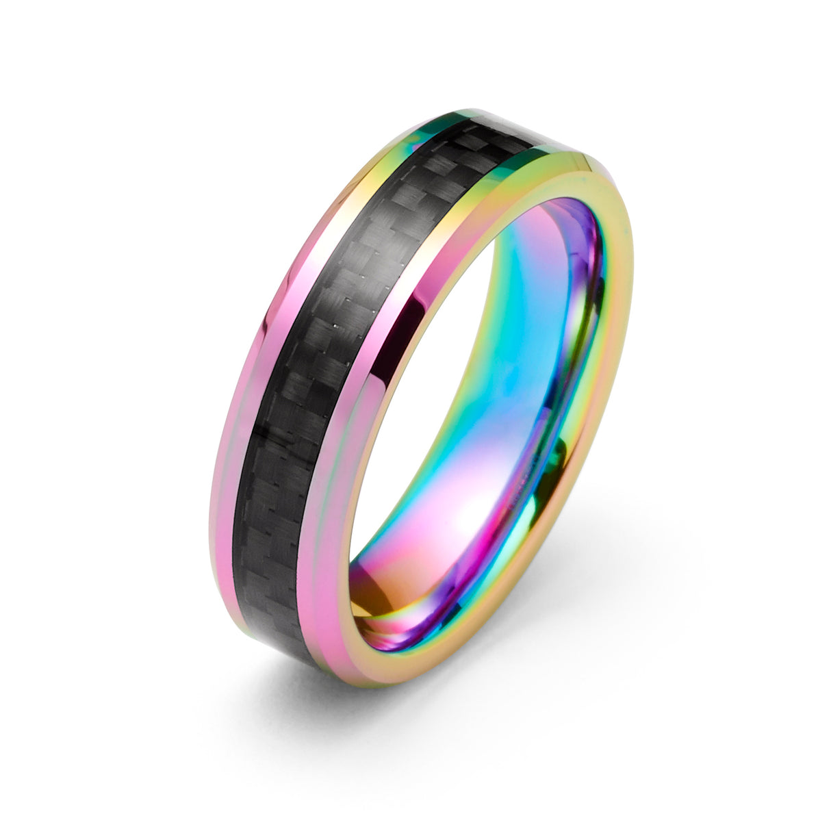6mm Tungsten Carbide Ring Rainbow Finish w/ Black Carbon Fiber Inlay