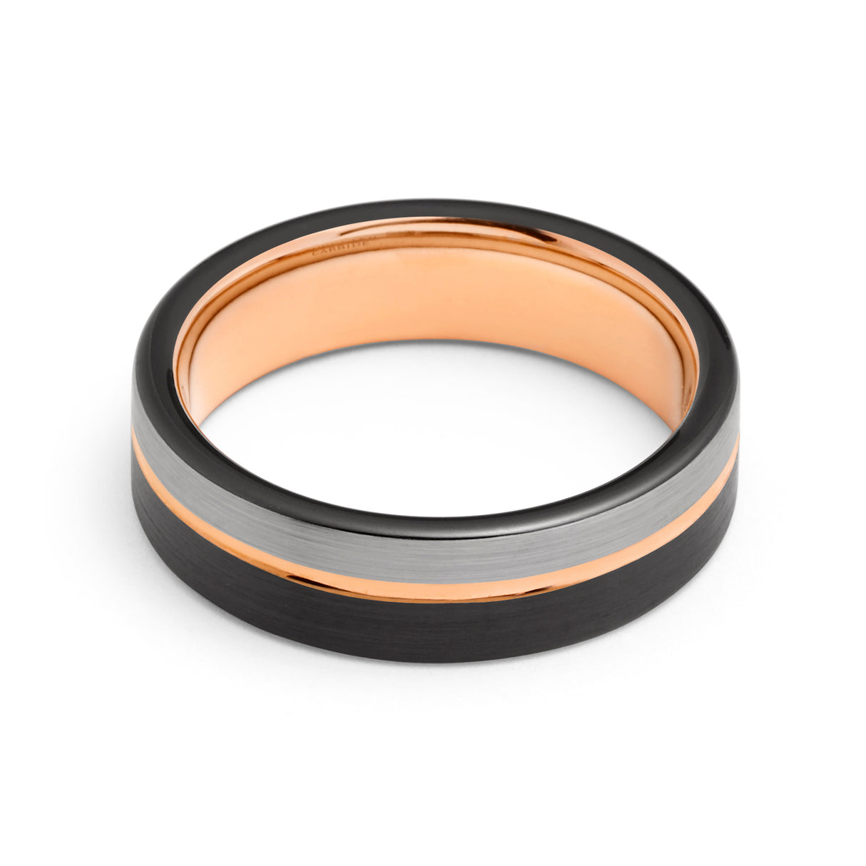 6mm Black & Rose Gold Tungsten Wedding Band Brushed Silver Finish