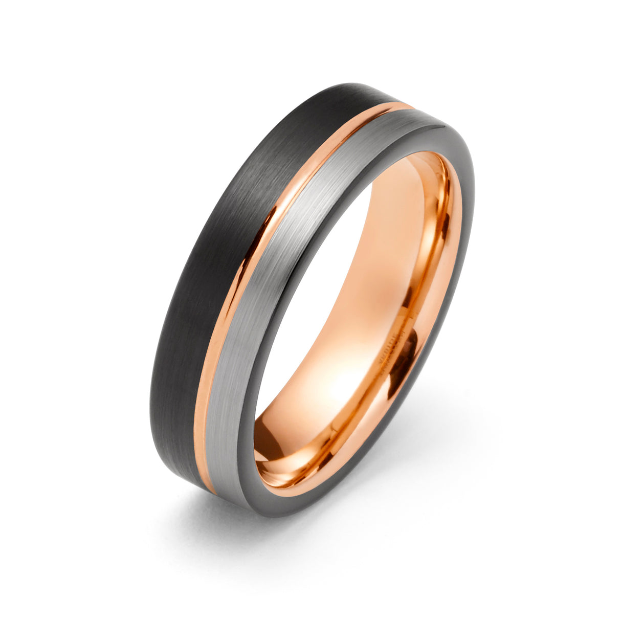 6mm Black & Rose Gold Tungsten Wedding Band Brushed Silver Finish