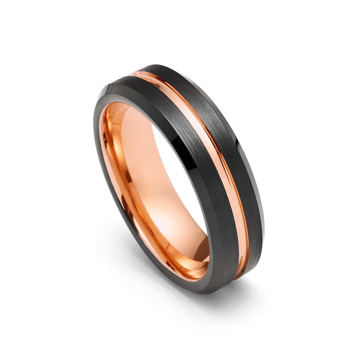 6mm - Black & Rose Gold Tungsten Wedding Band Beveled Edges, Brushed Ring