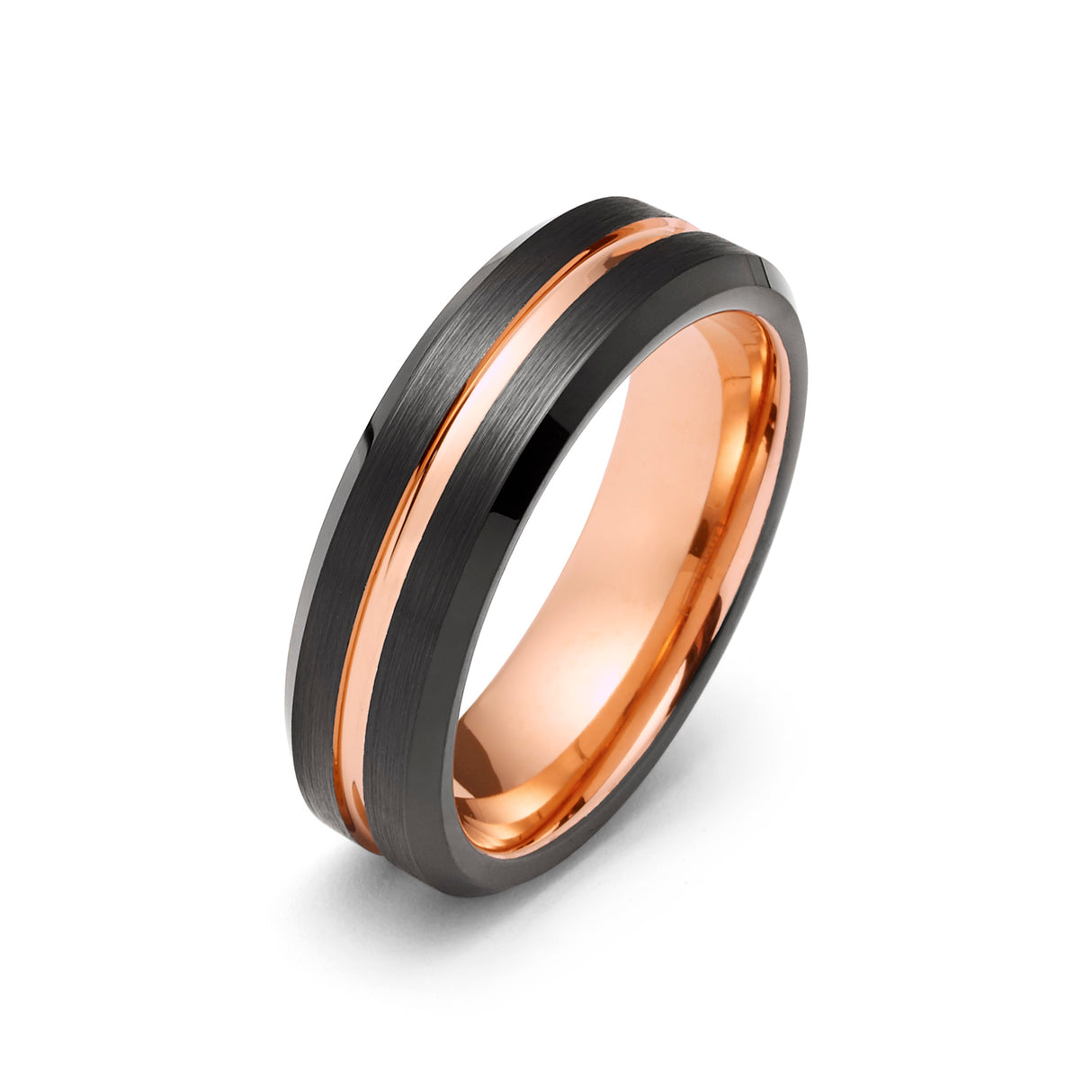 6mm - Black & Rose Gold Tungsten Wedding Band Beveled Edges, Brushed Ring