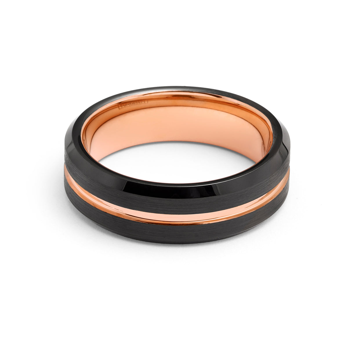6mm - Black & Rose Gold Tungsten Wedding Band Beveled Edges, Brushed Ring
