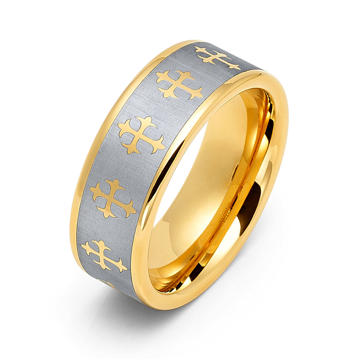 8mm Gold Tungsten Wedding Ring Laser Engraved Crosses Pipe Cut Ring