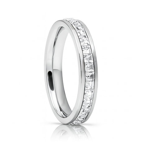 Silver Titanium Ring Eternity Princess Cut Cubic Zircon Diamonds 4mm