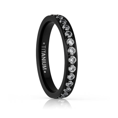 Black Titanium Ring Full Eternity White Cubic Zircon Diamonds 3mm
