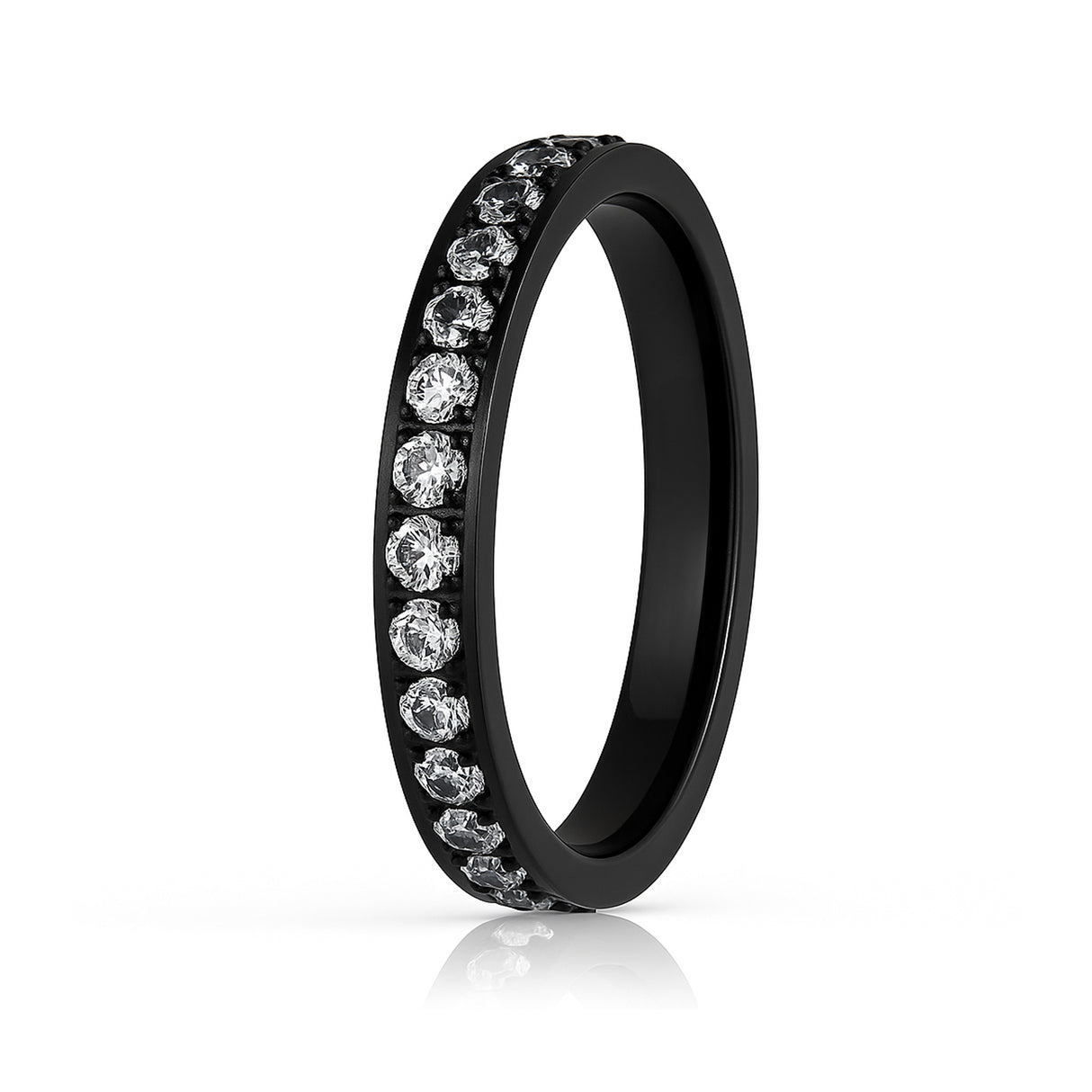 Black Titanium Ring Full Eternity White Cubic Zircon Diamonds 3mm
