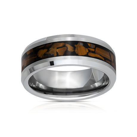 8mm Silver Tungsten Carbide Wedding Ring W/ Tiger Eye Inlay & Beveled Edges