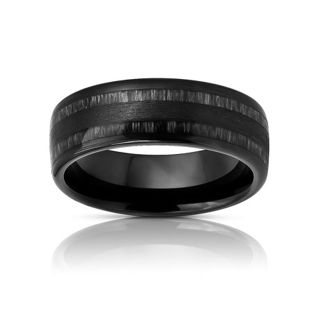 8mm Black Tungsten Wedding Ring W/ Real Charcoal Wood Inlay & Domed Edges
