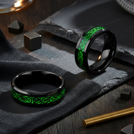 8mm Black Tungsten Carbide Wedding Ring W/ Green Celtic Dragon Inlay