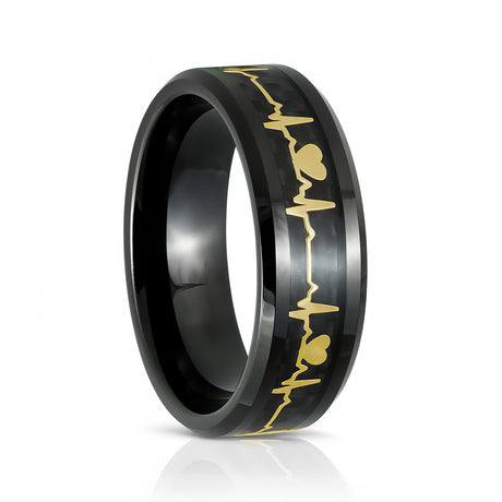 8mm Black Tungsten Wedding Ring W/ Carbon Fiber & 14k Gold EKG Inlay
