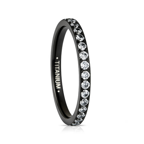Black Titanium Ring Full Eternity White Cubic Zircon Diamonds 2mm