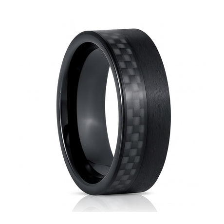 8mm Black Tungsten Wedding Ring W/ Half Carbon Fiber & Half Brushed Finish