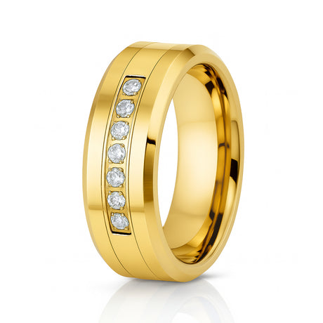 8mm High Polished Gold Tungsten Carbide Wedding Ring W/ 7 CZ Diamonds