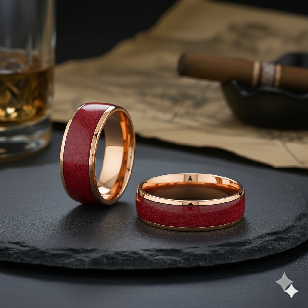 8mm Rose Gold Tungsten Carbide Wedding Ring W/ Salmon Stain Dyed Wood