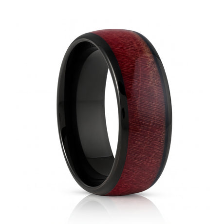 8mm Black Tungsten Carbide Wedding Ring W/ Burgundy Hue Dyed Wood