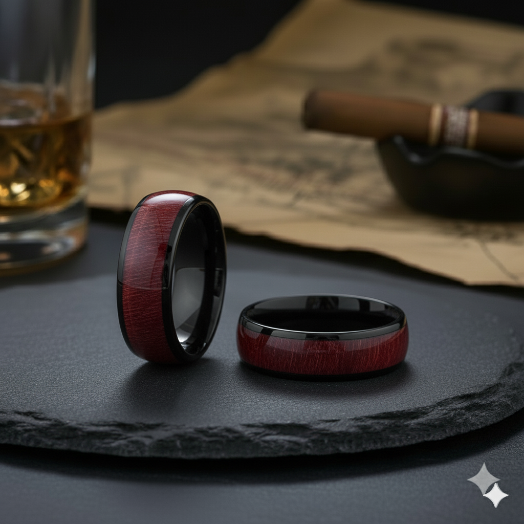 8mm Black Tungsten Carbide Wedding Ring W/ Burgundy Hue Dyed Wood