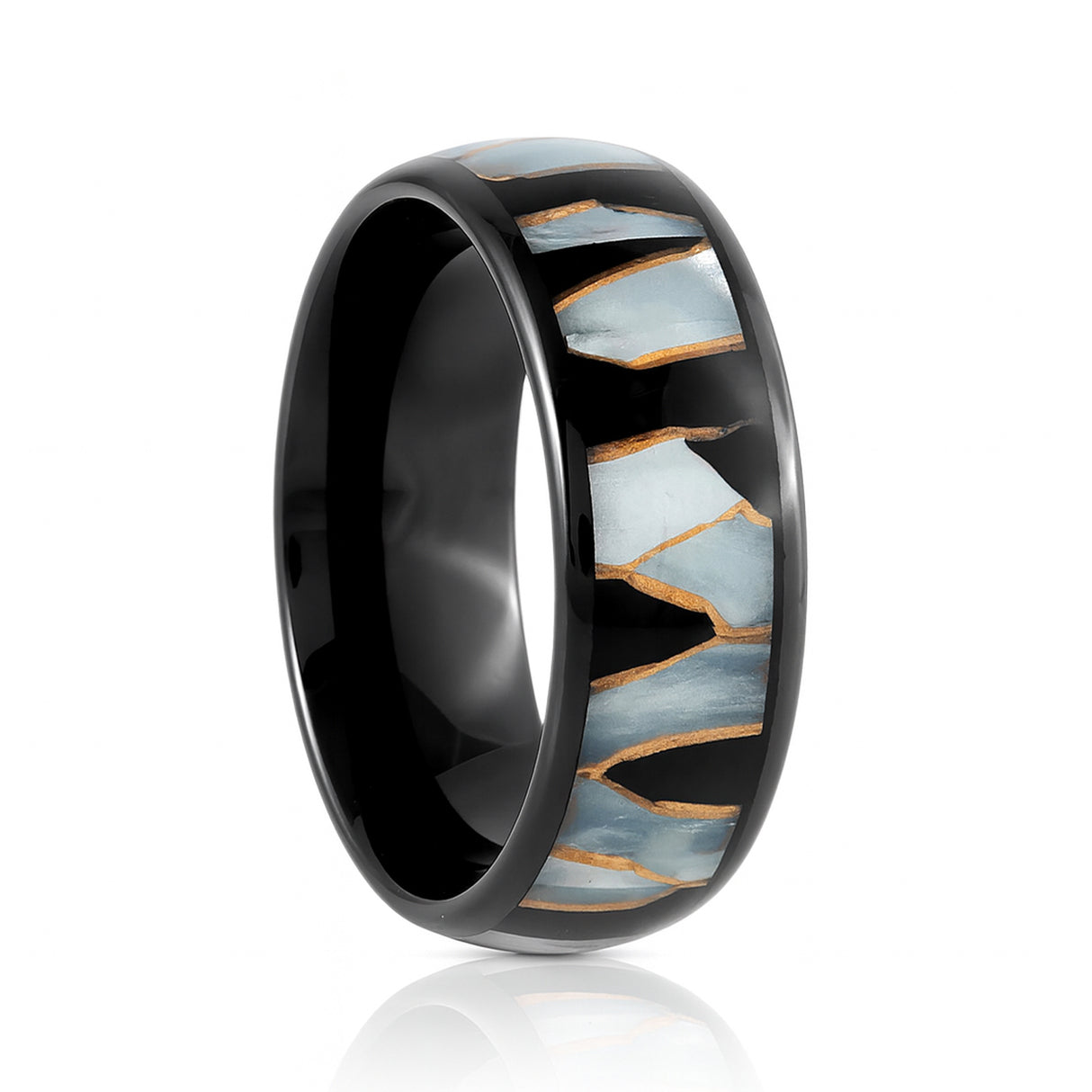 8mm Black Tungsten Wedding Ring W/ Black Resin & Gold Shavings Inlay